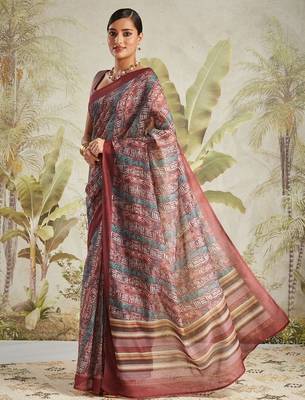 Maroon printed blended cotton designer saree with blouse piece 2