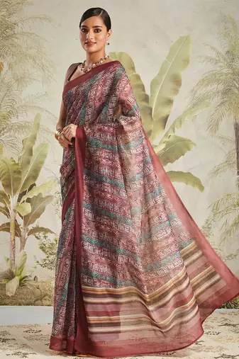 Maroon printed blended cotton designer saree with blouse piece