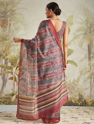 Maroon printed blended cotton designer saree with blouse piece 3
