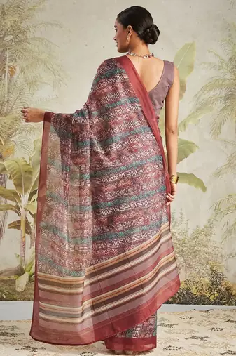 Maroon printed blended cotton designer saree with blouse piece