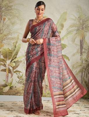 Maroon printed blended cotton designer saree with blouse piece 4