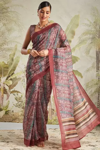 Maroon printed blended cotton designer saree with blouse piece