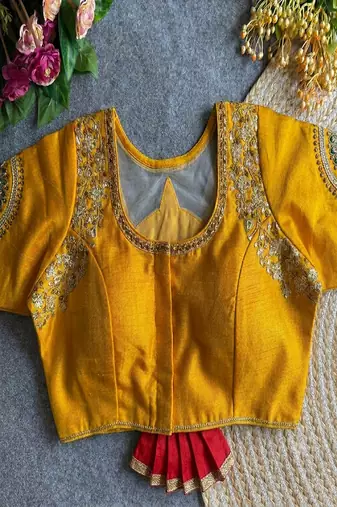 Mustard yellow bridal designer readymade blouse for women | royal couple embroidery back blouse