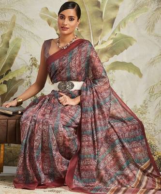 Maroon printed blended cotton designer saree with blouse piece 5