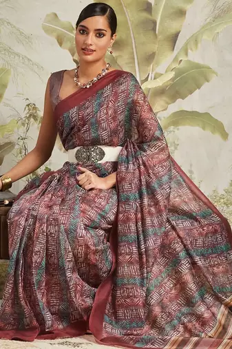 Maroon printed blended cotton designer saree with blouse piece