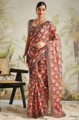 Brown printed blended cotton designer saree with blouse piece