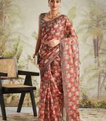 Brown printed blended cotton designer saree with blouse piece