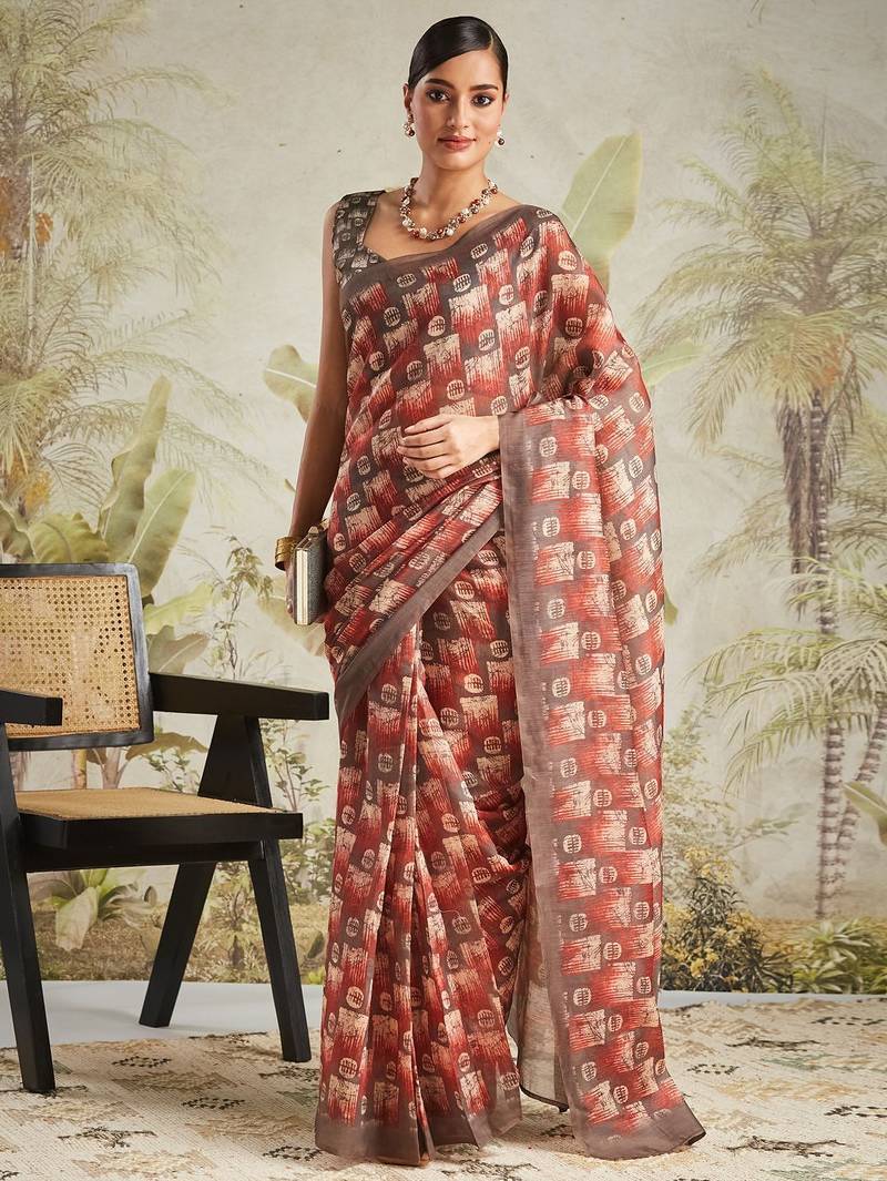 Brown printed blended cotton designer saree with blouse piece