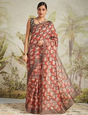 Brown printed blended cotton designer saree with blouse piece 2