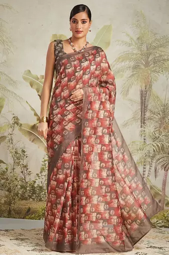 Brown printed blended cotton designer saree with blouse piece