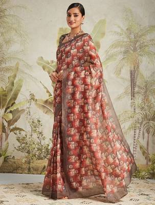Brown printed blended cotton designer saree with blouse piece 4