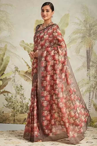 Brown printed blended cotton designer saree with blouse piece
