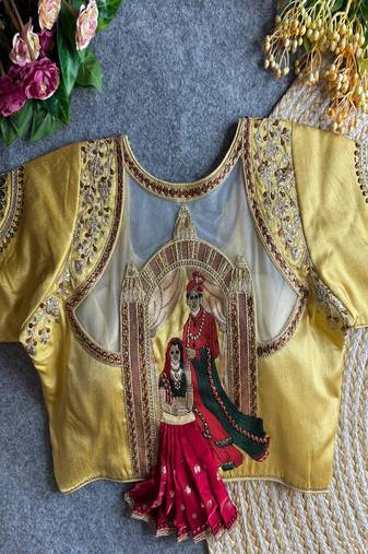 Golden beige bridal designer readymade blouse for women | royal couple embroidery back blouse
