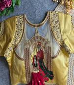 Golden beige bridal designer readymade blouse for women | royal couple embroidery back blouse