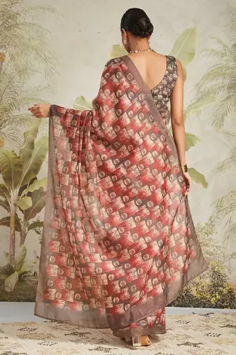 Brown printed blended cotton designer saree with blouse piece