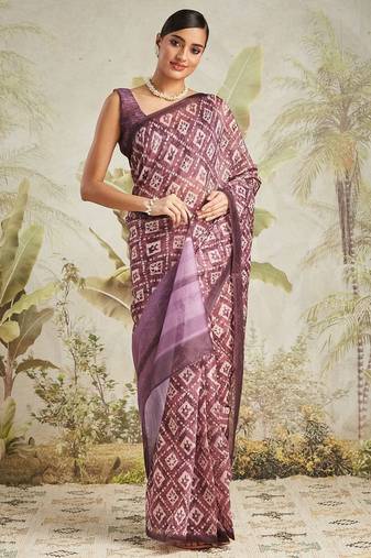 Purple printed blended cotton designer saree with blouse piece