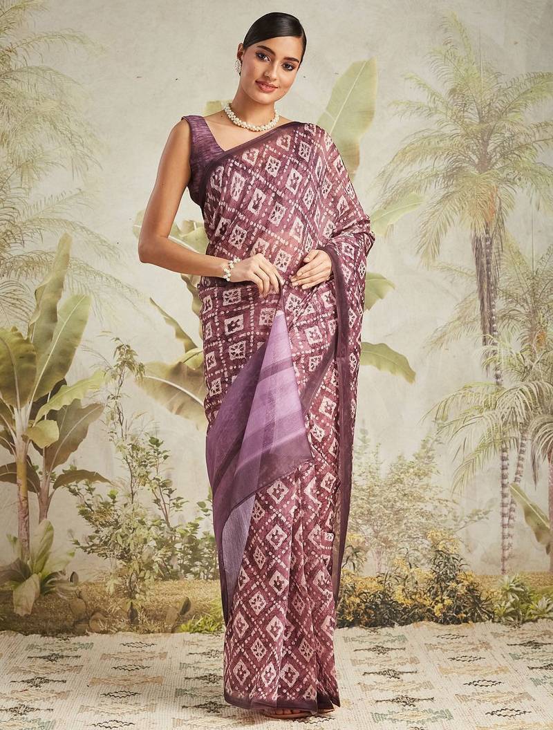 Purple printed blended cotton designer saree with blouse piece