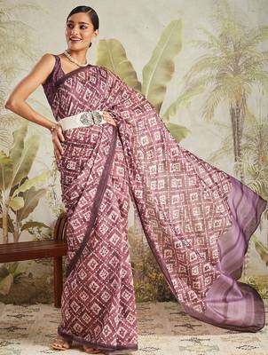 Purple printed blended cotton designer saree with blouse piece 2