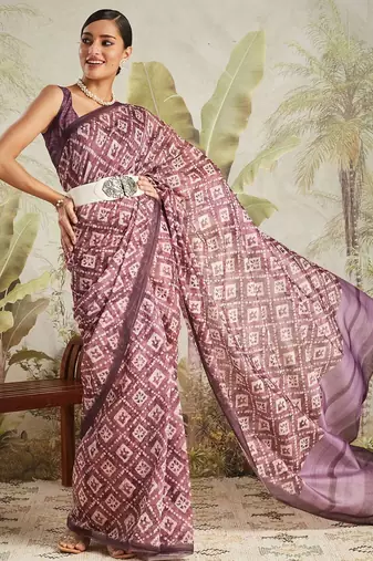 Purple printed blended cotton designer saree with blouse piece