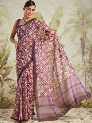 Purple printed blended cotton designer saree with blouse piece 3