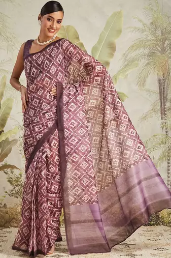 Purple printed blended cotton designer saree with blouse piece