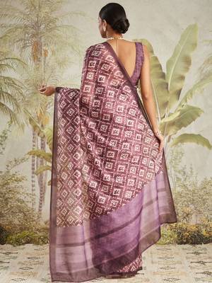 Purple printed blended cotton designer saree with blouse piece 4