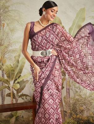 Purple printed blended cotton designer saree with blouse piece 5