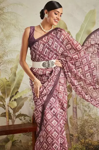 Purple printed blended cotton designer saree with blouse piece