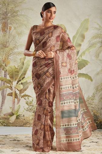 Brown printed blended cotton designer saree with blouse piece