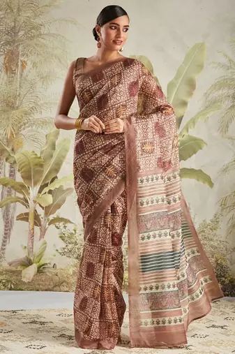 Brown printed blended cotton designer saree with blouse piece