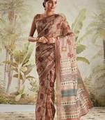 Brown printed blended cotton designer saree with blouse piece