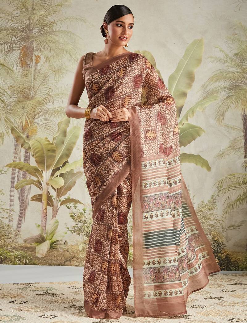 Brown printed blended cotton designer saree with blouse piece
