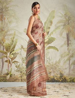 Brown printed blended cotton designer saree with blouse piece 2