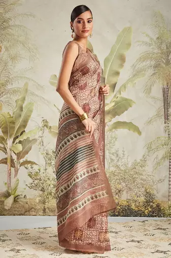 Brown printed blended cotton designer saree with blouse piece