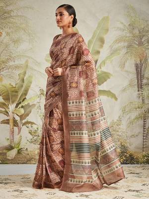 Brown printed blended cotton designer saree with blouse piece 3