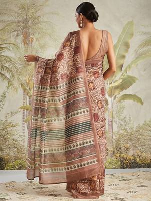 Brown printed blended cotton designer saree with blouse piece 4