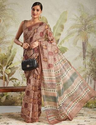 Brown printed blended cotton designer saree with blouse piece 5
