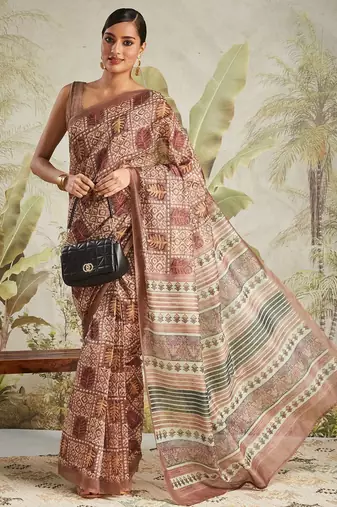 Brown printed blended cotton designer saree with blouse piece