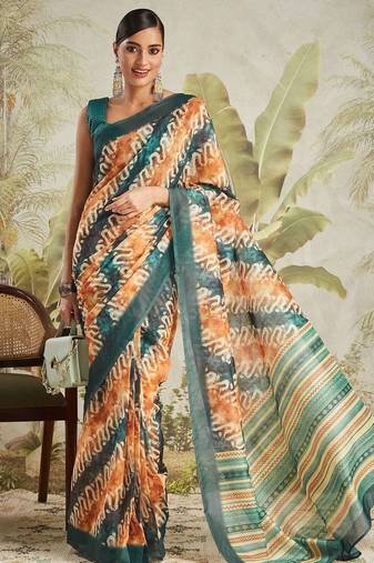 Mustard printed blended cotton designer saree with blouse piece