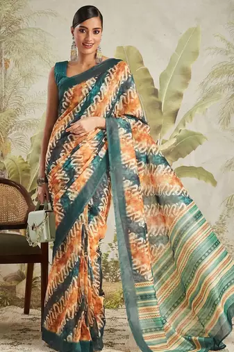 Mustard printed blended cotton designer saree with blouse piece