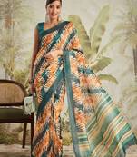 Mustard printed blended cotton designer saree with blouse piece