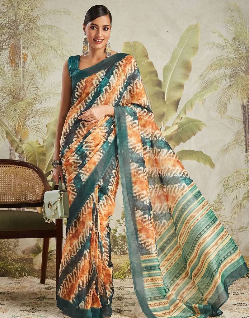 Mustard printed blended cotton designer saree with blouse piece