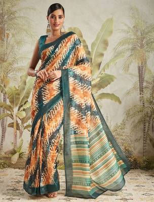 Mustard printed blended cotton designer saree with blouse piece 2