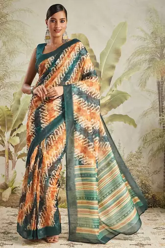 Mustard printed blended cotton designer saree with blouse piece