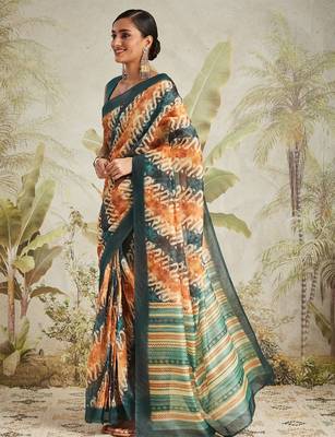 Mustard printed blended cotton designer saree with blouse piece 3