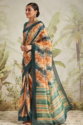 Mustard printed blended cotton designer saree with blouse piece