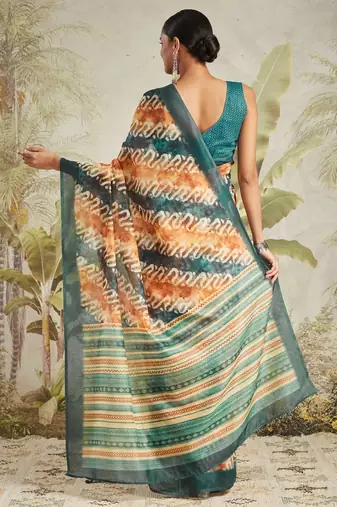 Mustard printed blended cotton designer saree with blouse piece