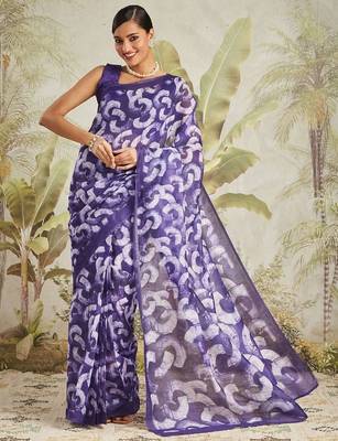 Purple printed blended cotton designer saree with blouse piece 1