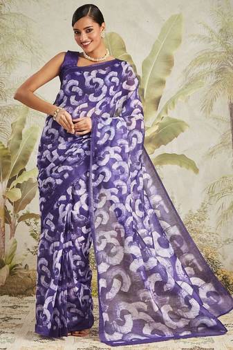 Purple printed blended cotton designer saree with blouse piece