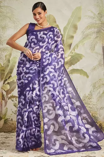 Purple printed blended cotton designer saree with blouse piece